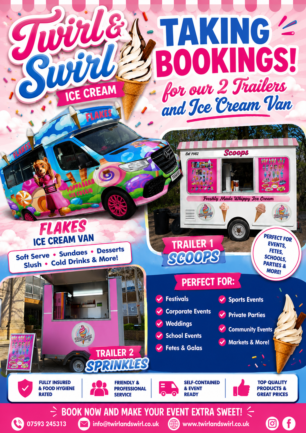 Twirl & Swirl taking bookings for the Scoops and Sprinkles trailers and the Flakes ice cream van